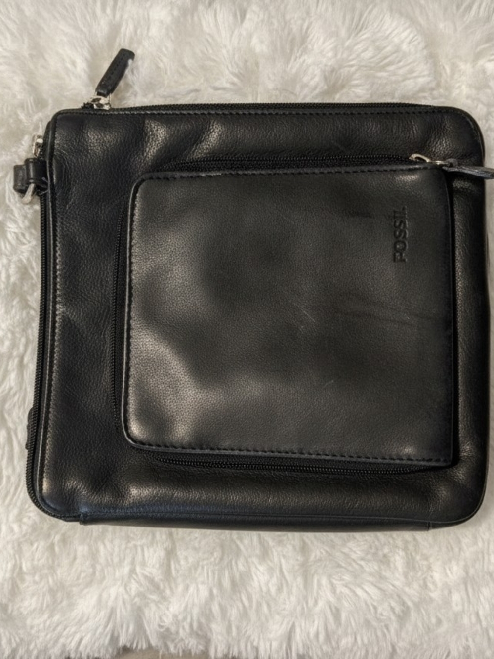 Fossil Black Leather Zip Messenger Bag With Shoulder Strap